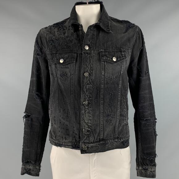 AMIRI Size XL Black Grey Distressed Cotton Trucker Jacket - Picture 1 of 7